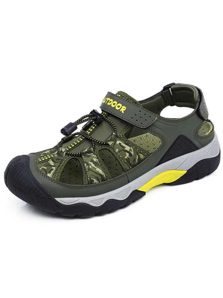 Fashionable non-slip sports breathable men's open heel sandal SF0750 in green with camouflage pattern, ideal for comfort and style.
