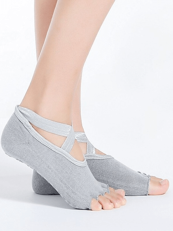 Fashionable non-slip open-toe sports socks for women in gray, featuring breathable, anti-pilling, and antibacterial properties.