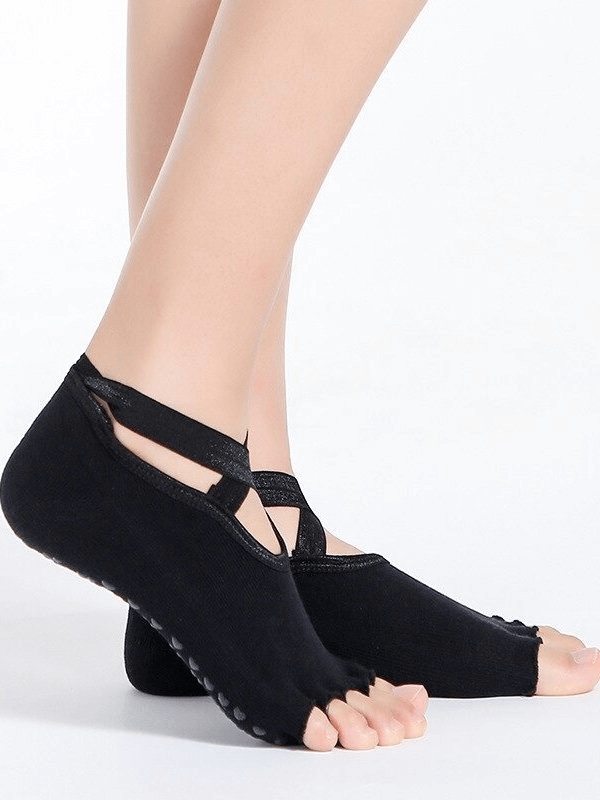 Fashionable non-slip open-toe black sports women's socks SF0335, featuring durable, breathable material and advanced sweat absorption.