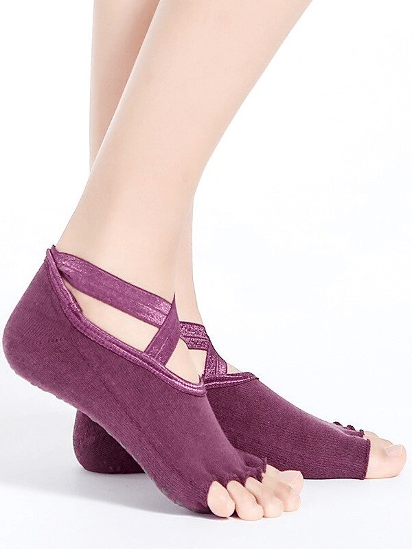 Purple open-toe women's sports socks with non-slip grip, showcasing stylish straps and breathable design for active wear.