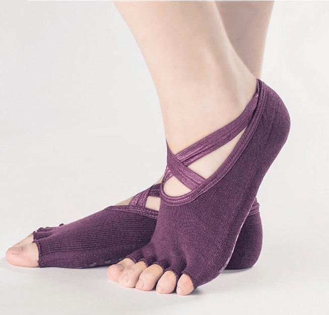 Fashionable non-slip women's sports socks with open toes in purple, showcasing breathable design and stylish fit, model SF0335.