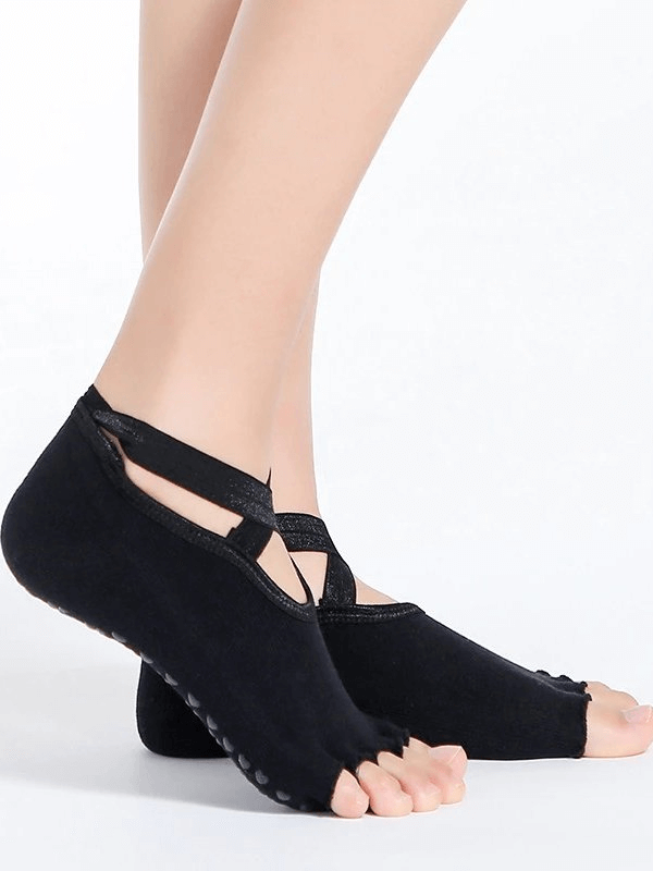 Fashionable non-slip women's sports socks, open-toe design, in black, featuring sweat absorption and breathable materials - SF0335