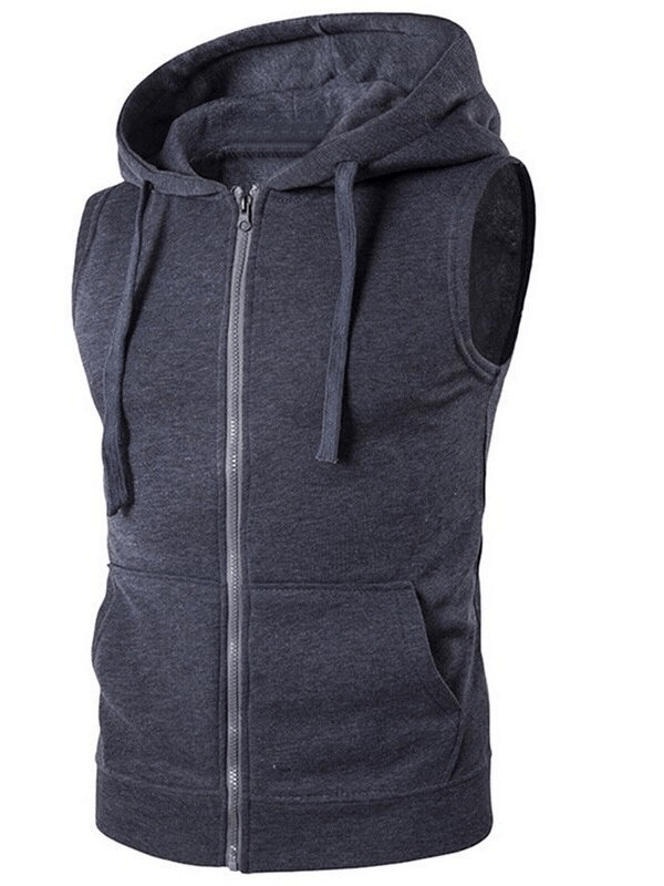 Fashionable solid color men's vest with zipper and hood for casual wear, model SF0549, featuring a comfortable cotton-polyester blend.