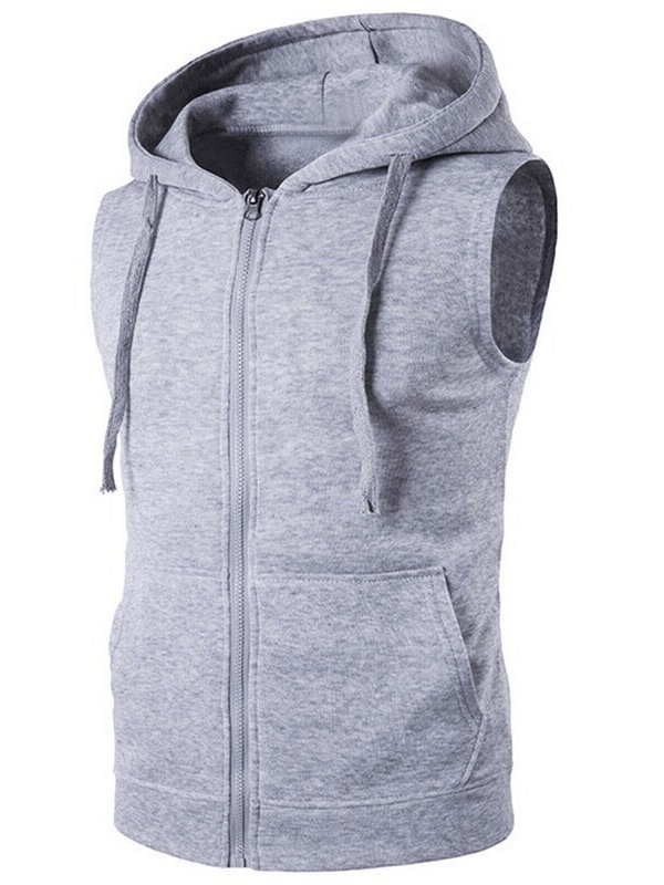 Solid color men's vest with zipper and hood, crafted from cotton-polyester blend. Ideal for casual style and versatility.
