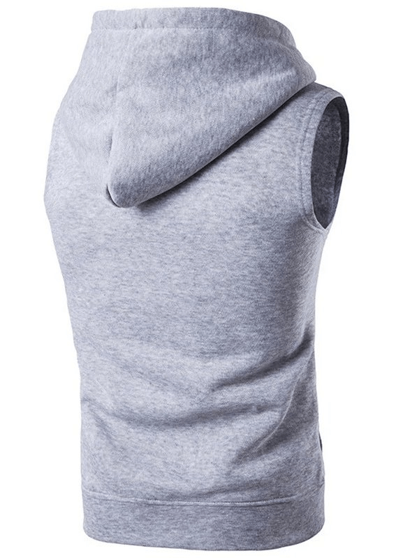 Fashionable solid color men's vest with zipper and hood, casual style, features a blend of cotton and polyester for comfort.