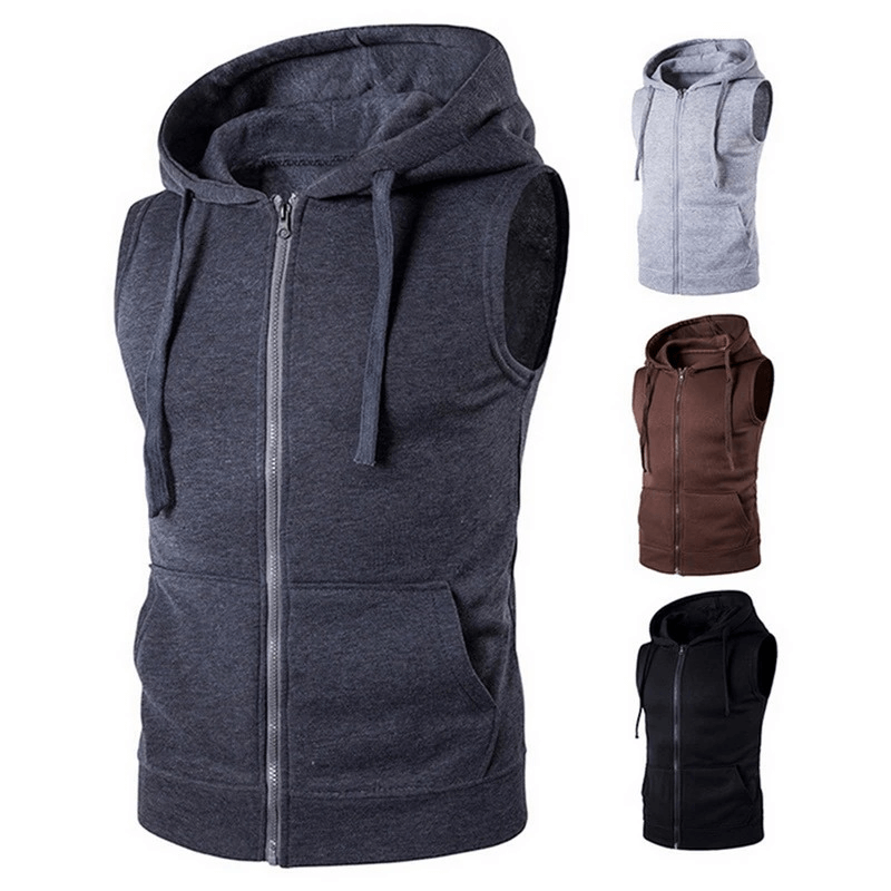 Solid Color Men's Vests with Zipper and Hood in multiple shades, versatile casual wear for men, breathable cotton-poly blend.