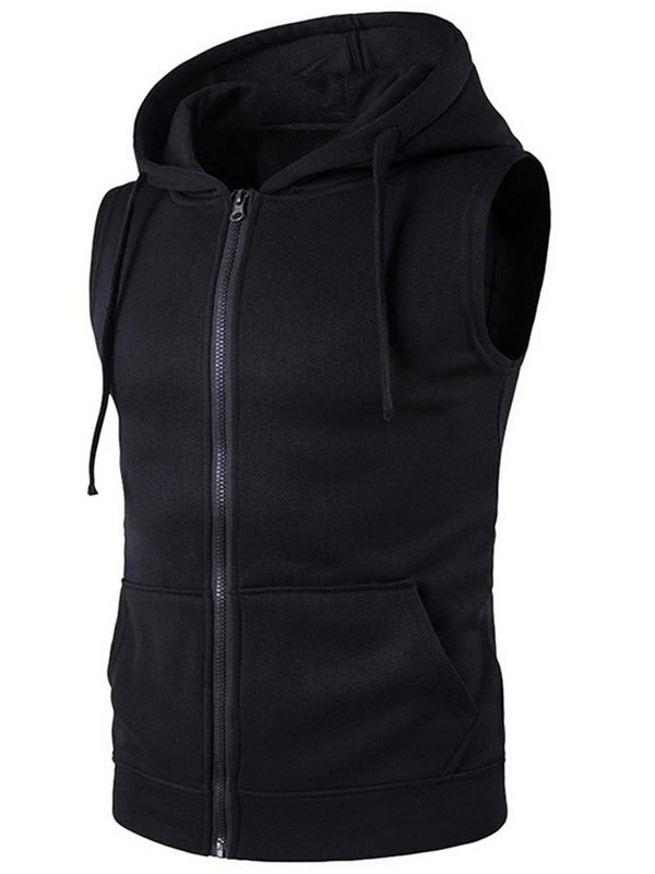 Fashionable solid color men's vest with zipper and hood, black, casual style, cotton-polyester blend for comfort and breathability.