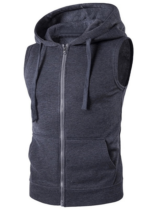 Fashionable solid color men's vest with zipper and hood, perfect for casual style.
