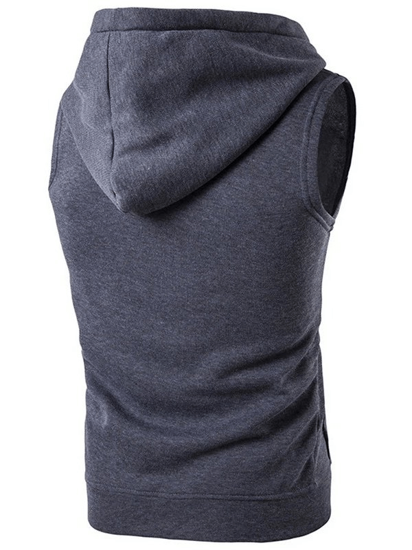 Back view of a fashionable men's vest with hood and zipper, solid color, perfect for casual wear. Style SF0549, cotton-polyester blend.