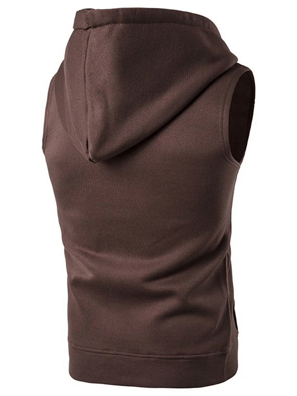 Solid color men's vest with hood and zipper, back view. Stylish and casual design in dark tone, perfect for versatile fashion.