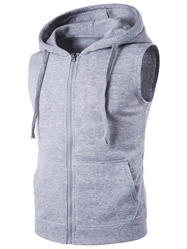 Fashionable solid color men's vest with zipper and hood in gray, ideal for casual style.