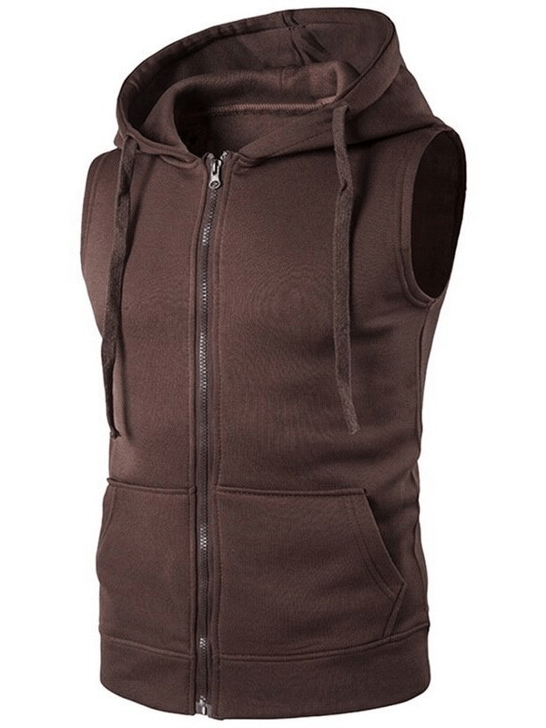 Men's solid color vest with zipper and hood in brown, perfect for a casual look. Comfortable cotton-polyester blend, regular fit.