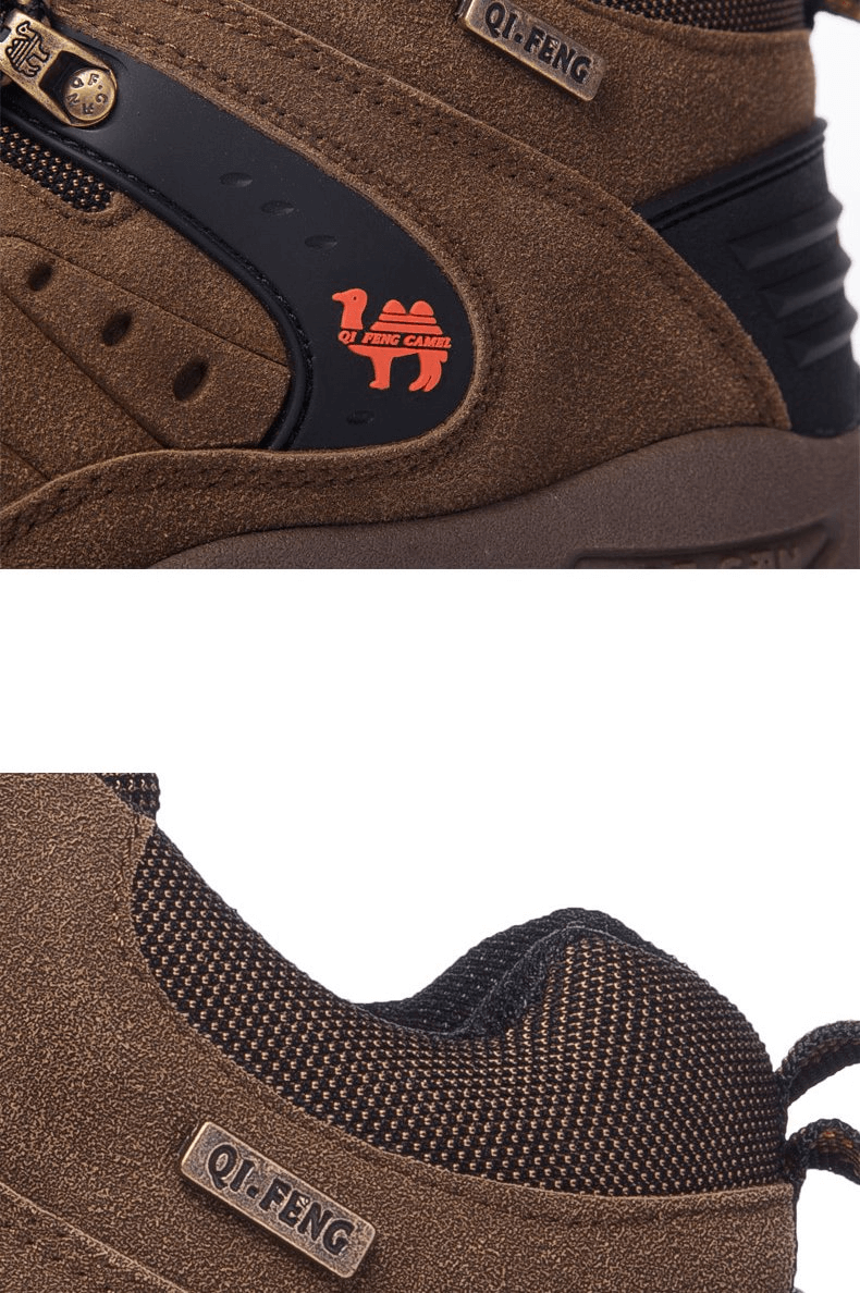 Close-up detail of trekking waterproof hiking shoes with camel logo and brown mesh design, showcasing durability and style.