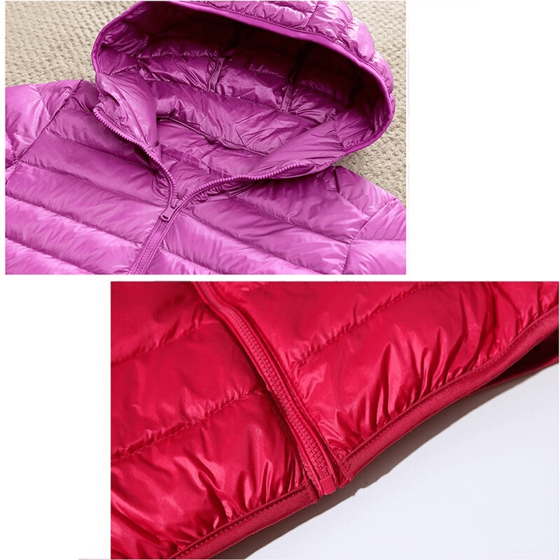 Purple and red ultralight women's hooded jackets showcasing stylish design and premium down insulation.