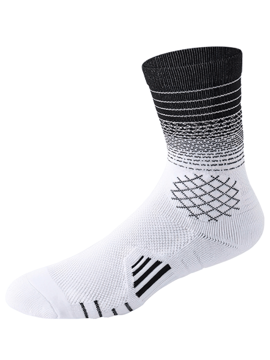 Fast-drying breathable basketball knee-high sock in black and white, designed for comfort and performance on the court.