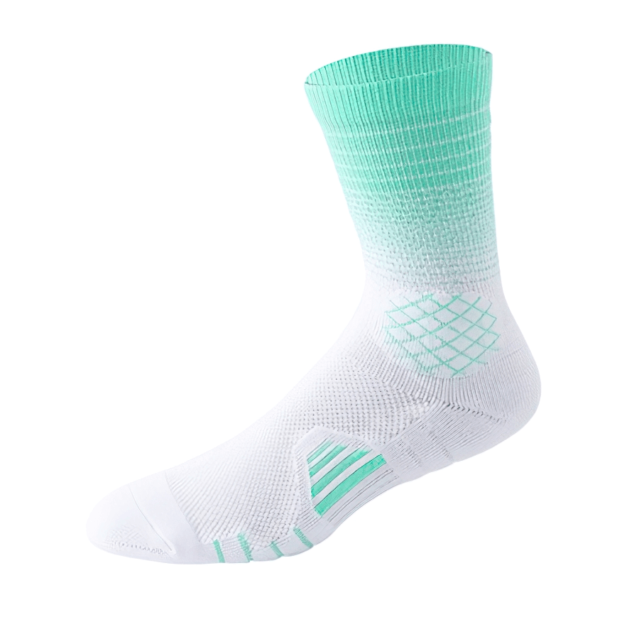 Fast-drying breathable knee-high basketball socks in teal and white, ideal for athletes seeking comfort and performance.