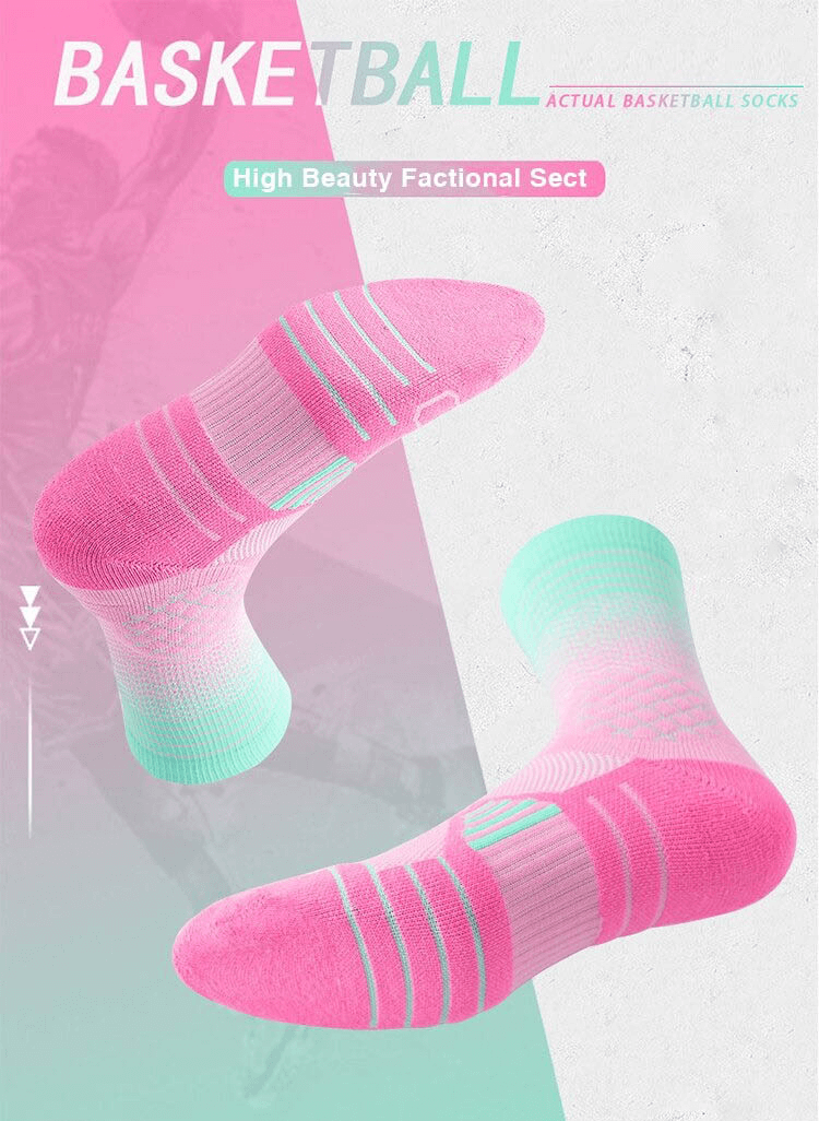 Bright pink and aqua basketball knee-high socks on colorful background