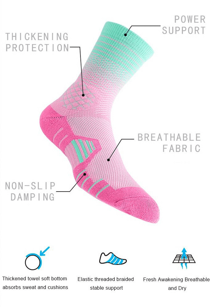 Diagram showcasing fast-drying, breathable professional basketball knee-high sock, highlighting power support, and non-slip features.