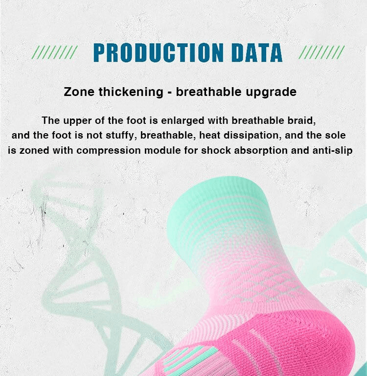 Close-up of colorful, breathable basketball socks with zone thickening and anti-slip design, surrounded by production data text.