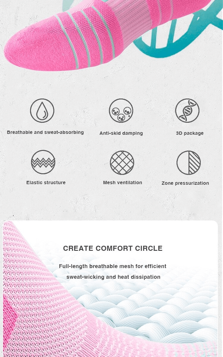 Pink breathable basketball socks with features like anti-skid damping, mesh ventilation, and elastic structure for optimal performance.