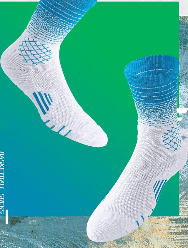 Fast-drying, breathable knee-high basketball socks in white and blue; perfect for active players seeking comfort and performance.