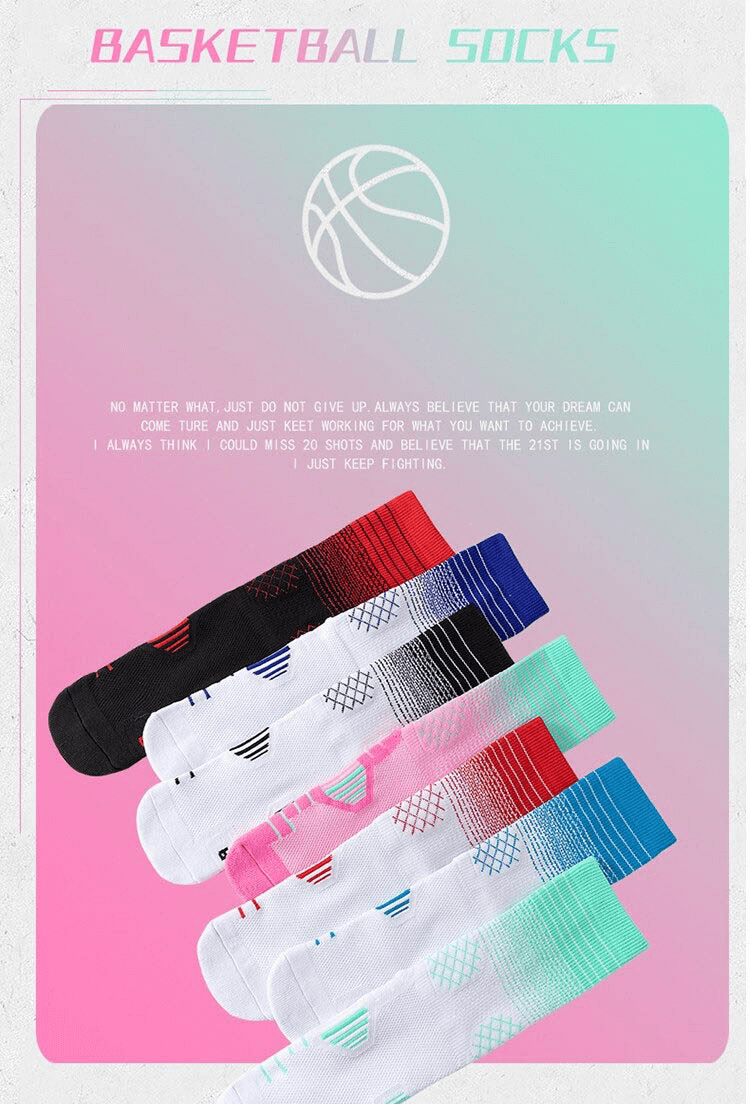 Colorful knee-high basketball socks, fast-drying, breathable design for professional players, displayed in vibrant colors.