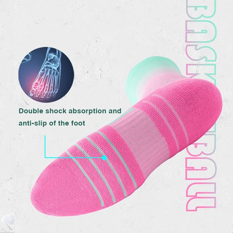 Pink fast-drying breathable knee-high basketball socks with anti-slip and shock absorption features for player comfort and performance.
