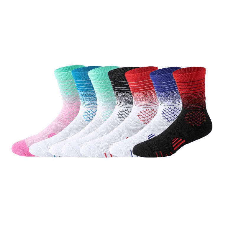 Colorful fast-drying basketball knee-high socks with breathable fabric, showcasing multiple stylish color options for active players.