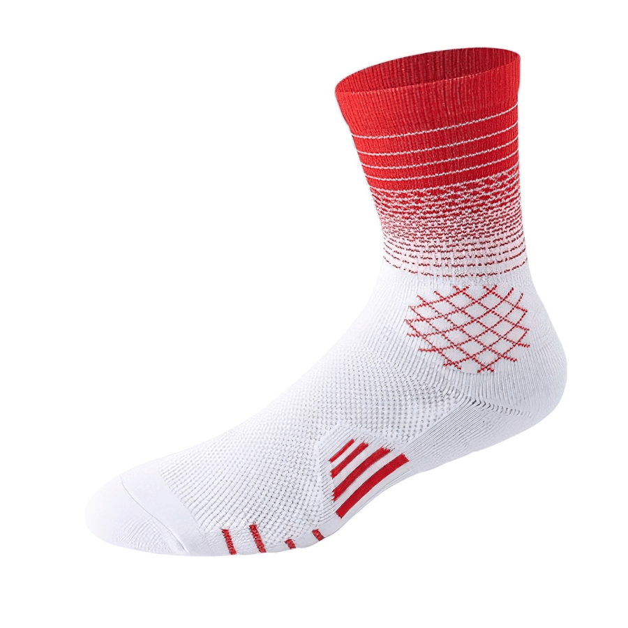Red and white professional basketball knee-high socks, fast-drying and breathable, perfect for enhancing athletic performance.