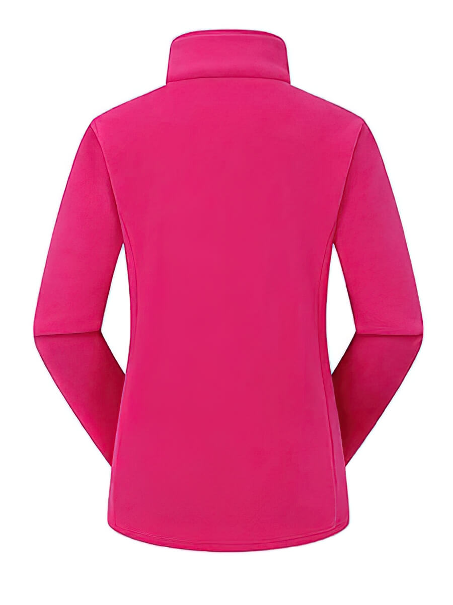 Back view of pink female antistatic fleece hiking jacket with fitted cuffs, ideal for outdoor adventures.