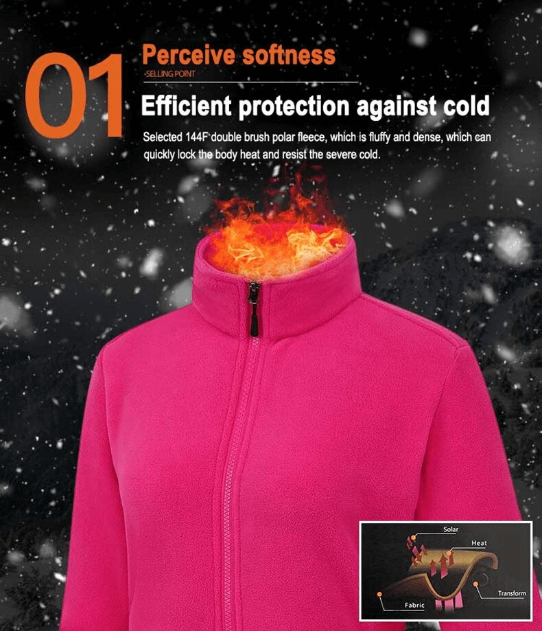 Female antistatic fleece hiking jacket with thermal and windproof qualities, showing efficient protection against cold.