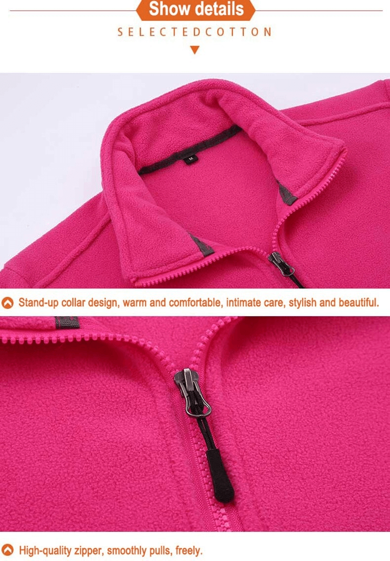 Hot pink antistatic fleece hiking jacket with stand-up collar and smooth zipper, perfect for women seeking warmth and style outdoors.