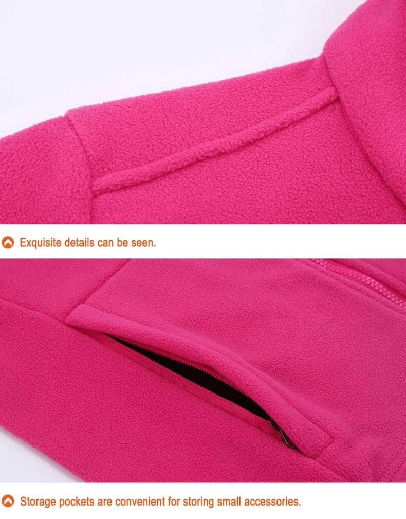 Close-up of pink antistatic fleece hiking jacket with fitted cuffs, highlighting exquisite details and convenient storage pocket.