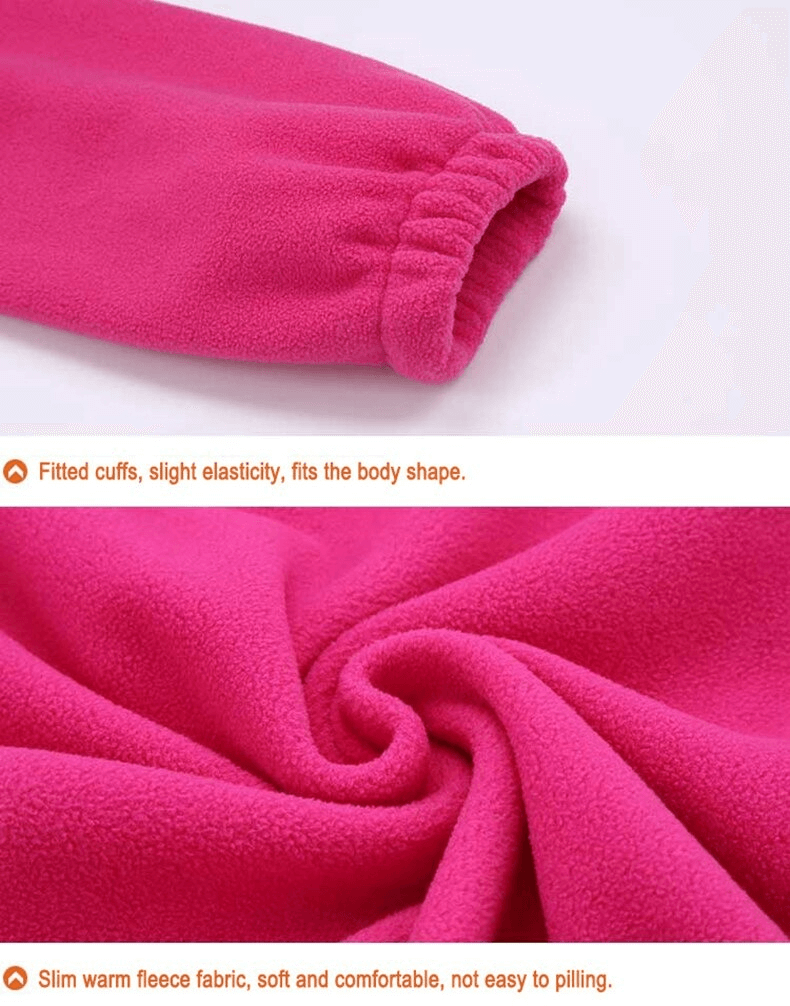 Close-up of pink fleece jacket with fitted cuffs and soft fabric.