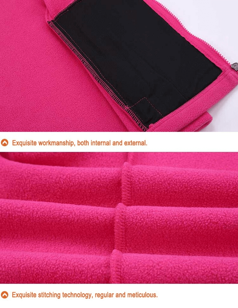 Close-up of pink antistatic fleece hiking jacket showcasing exquisite stitching and workmanship.