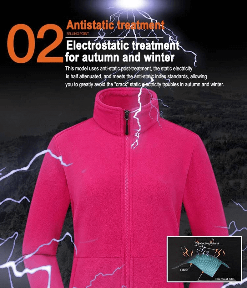 Bright pink antistatic fleece hiking jacket with electrostatic treatment for autumn and winter. SF0355 model.