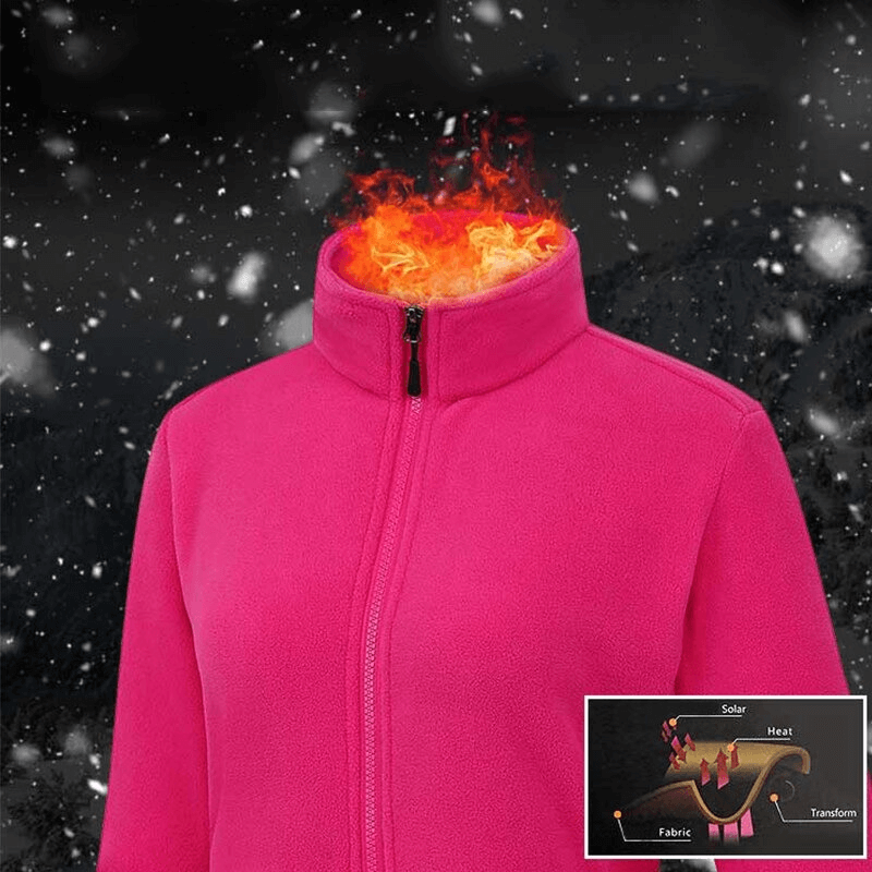 Flaming pink antistatic fleece hiking jacket with thermal properties, ideal for cold weather adventures.