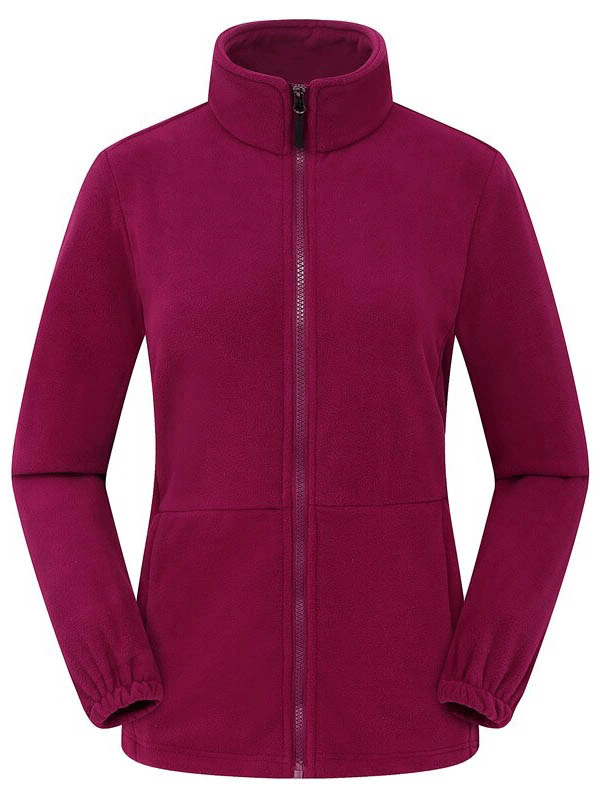 Female Antistatic Fleece Hiking Jacket, fitted cuffs, windproof, thermal, magenta color.