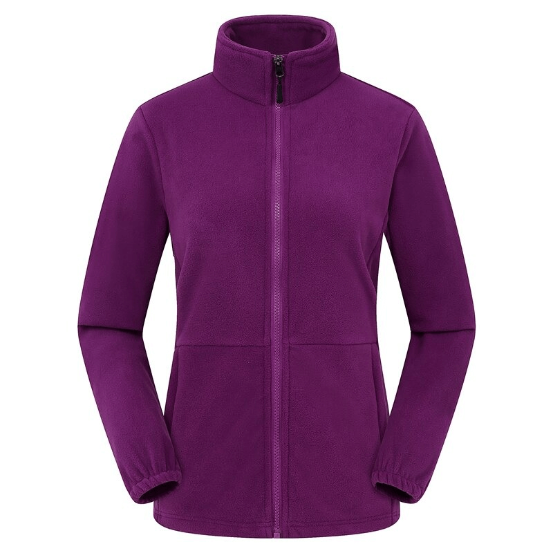 Purple female antistatic fleece hiking jacket with fitted cuffs, ideal for mountain climbing and outdoor activities.