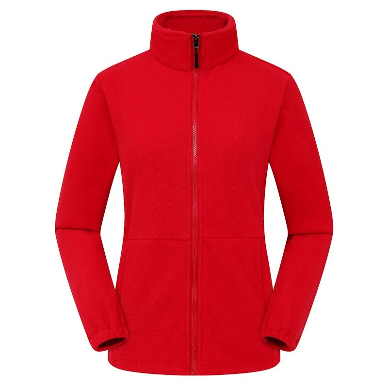 Red female antistatic fleece hiking jacket with fitted cuffs, perfect for mountain climbing and outdoor activities.