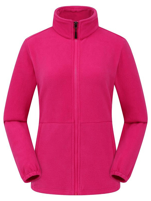 Women's pink antistatic fleece hiking jacket with fitted cuffs, perfect for mountain adventures. Product code: SF0355.