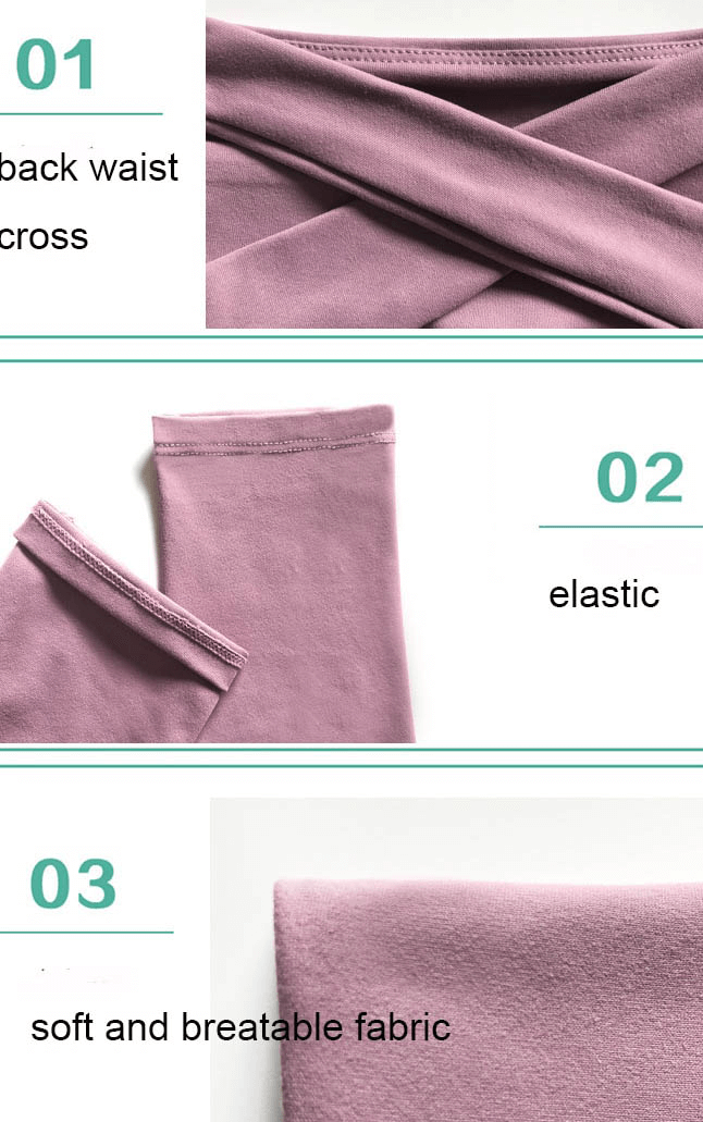 Cross back waist leggings in pink, showcasing elastic band, and breathable fabric.