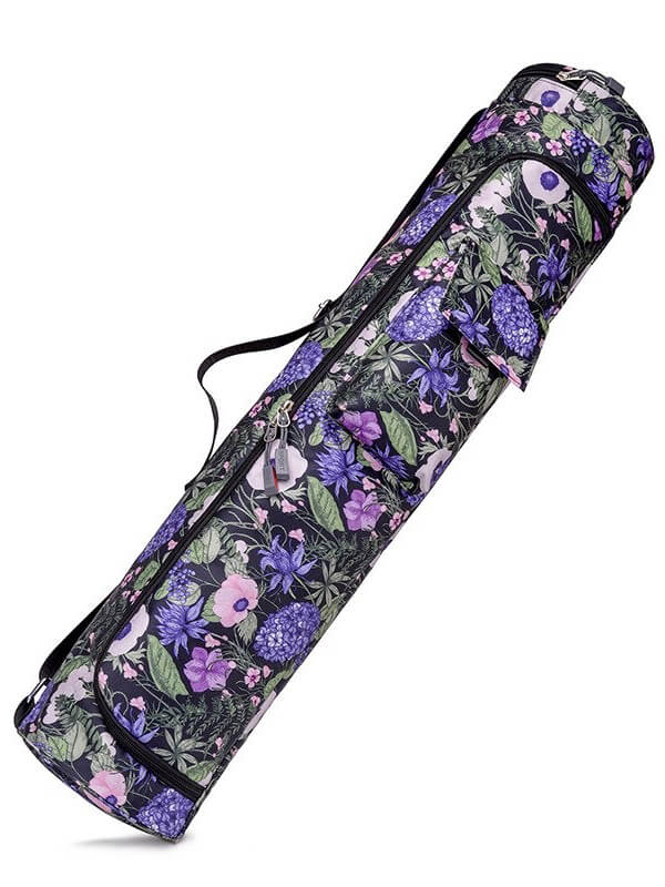 Female printed yoga bag with zipper, unisex microfiber sports mat bag for pilates, floral design, under 20L capacity.