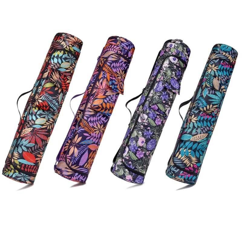 Colorful printed yoga and sports mat bags with zippers, available in floral designs, ideal for carrying yoga or pilates mats.