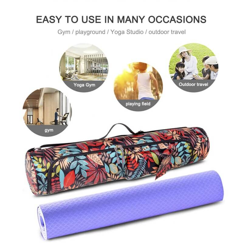 Colorful microfiber yoga bag with female print design, ideal for gym or yoga studio, showing versatility and style in outdoor settings.