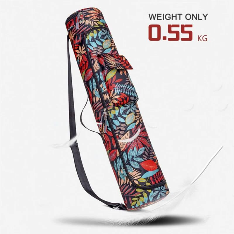 Colorful female printed yoga mat bag with zipper, showing lightweight feature at 0.55 kg, perfect for pilates gear. SF0516