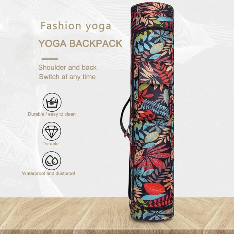 Colorful printed yoga bag with zipper, durable microfiber, unisex design, less than 20L capacity, featured on wooden floor.