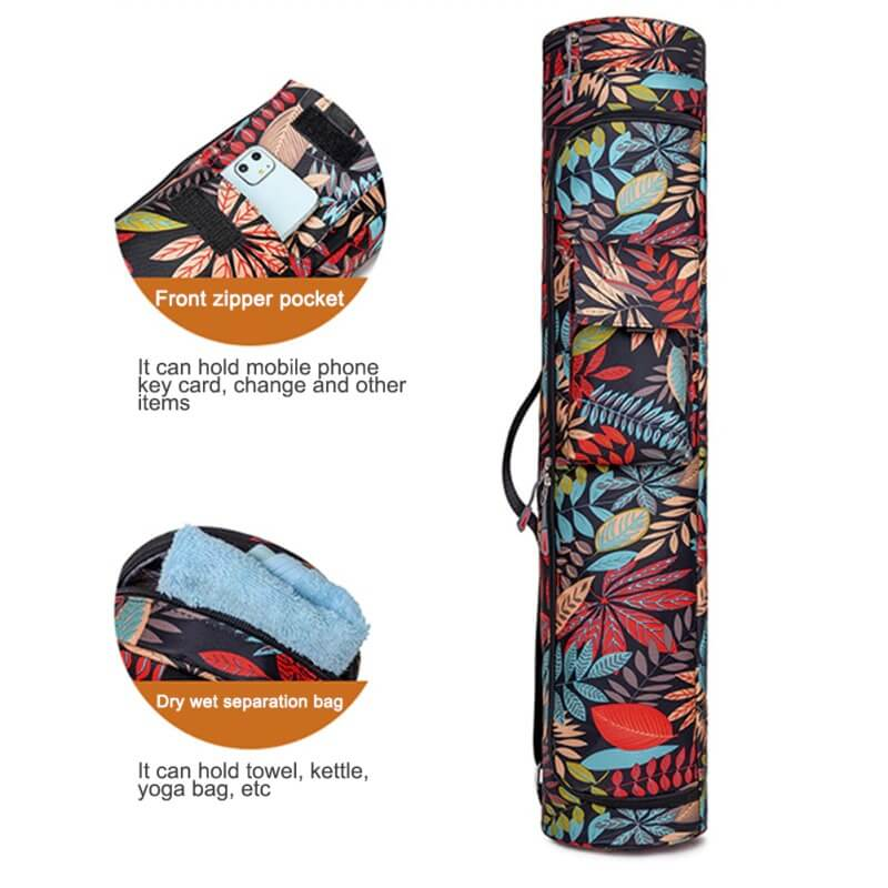 Vibrant printed yoga bag with zipper, front pocket, and dry-wet separation bag. Ideal for carrying pilates and yoga mats.