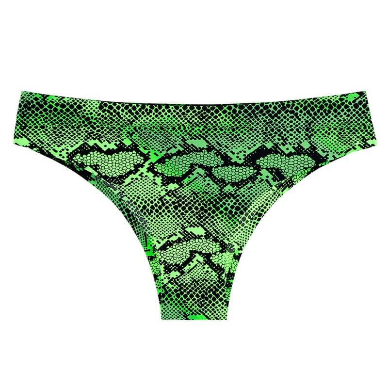 Female low waist seamless briefs with green snake print design, lightweight and breathable for everyday wear.