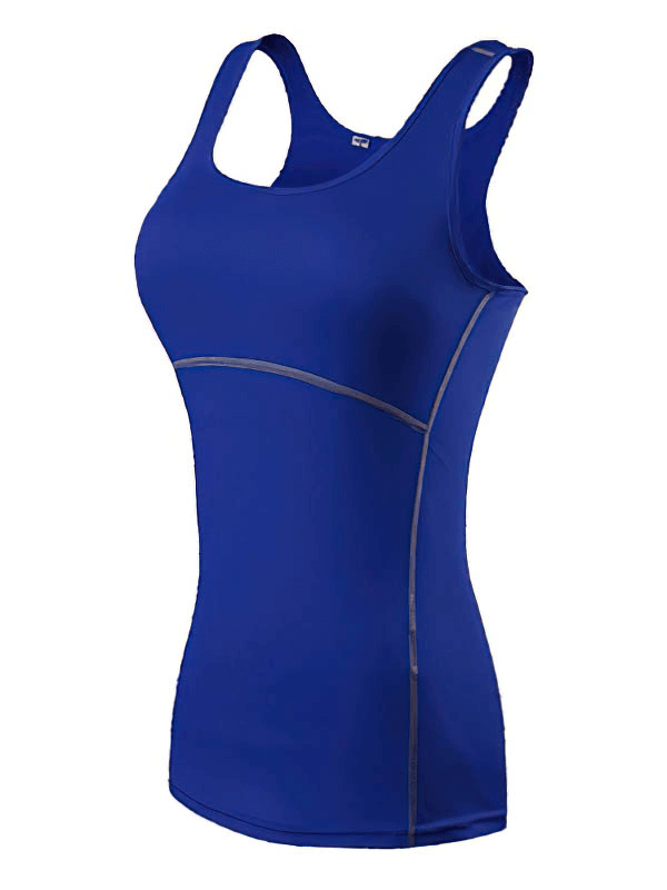 Slim blue tank top for women featuring breathable, quick-dry fabric. Ideal for yoga, running, or gym workouts. Model: SF0083.